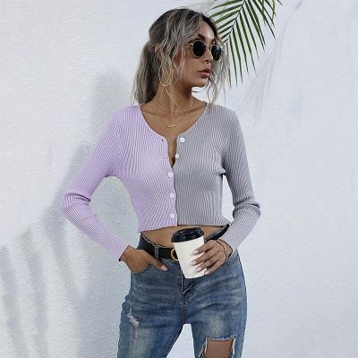 China Anti-wrinkle style hot women's patchwork top-framing short knitted purple cardigan knitwear with button for ladies for sale