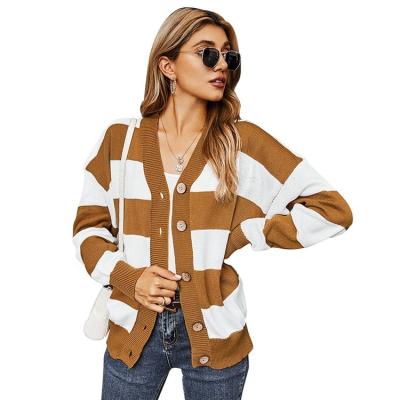 China Ladies Breathable V-Neckline Full Sleeve Cardigan Buttons Coat Women Casual Knitted Striped Sweater for sale