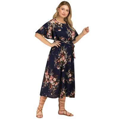 China Anti-static hot floral chiffon dress with tie-waisted lotus leaf sleeves long skirt slim lotus leaf slimming skirt for sale