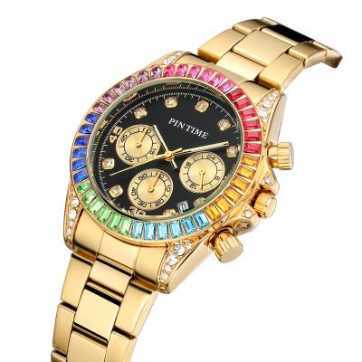 China Date PINTIME Men's Full Diamond Hip Hop Colorful Chronograph Men's Wristwatches Quartz Watch Male Clock Steel Luxury Automatic Wristwatch for sale