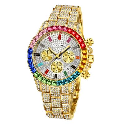 China Luxury Bling-ed Alarm Out Full Diamond Fashion Quartz Analog Stainless Steel Strap Wrist Watch Colorful Dial Hip Hop Rocks Watches for sale