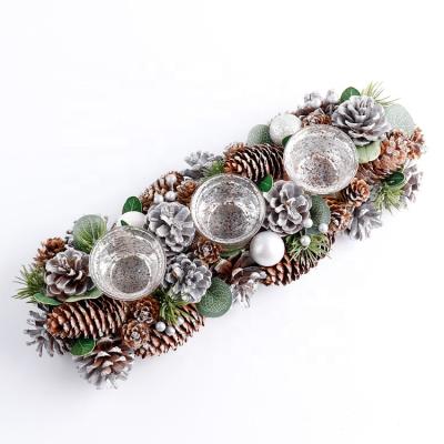 China New Design Christmas Product Pine Cones Candle Holder Ribbon Balls Powder Table Decorations for sale