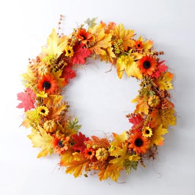 China New Design Thanksgiving Artificial Pumpkin Wreath Artificial Maple Leaves Sunflower Door Wreath Large Wreath for sale