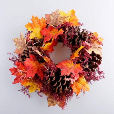 China Factory Wholesale Thanksgiving Autumn Maple Wreath Artificial Leaf Luxury Handmade Flower Garlands Pine Cones for sale