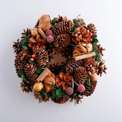 China FALL Wooden Autumn Wreath Door Pine Cones Thanksgiving Decoration with Red Berries Pine Cones for sale