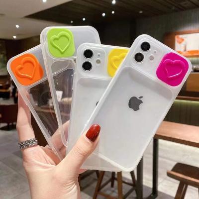 China Love heart design phone case slide lens push window cover shockproof case for iphone 13 transparent tpu 13pro case for sale