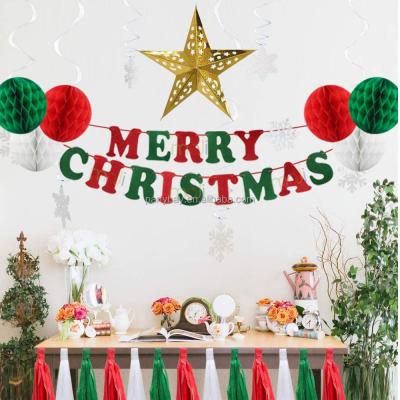 China Durable Christmas Party Decoration Merry Christmas Banner Honeycomb Briquettes Tassel Table Decoration Set for sale