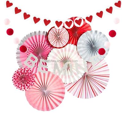 China New Fashion Durable Happy Valentines Day Decorations Red Glitter Valentines Day Banner Paper Fan Set for sale