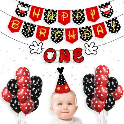 China Factory Wholesale Durable Mickey Birthday One Pull Flag Set With Polka Dot Balloon Children Birthday Hat for sale