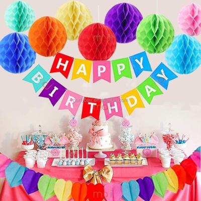 China Durable Happy Birthday Decorations Banner With Fabric Pom Poms For Rainbow Birthday Party Supplies for sale