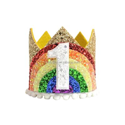 China 1st Birthday Party Crown Headband Hat Tiara Headbands Style Sparkle Gold Flower Lasting Rainbow Baby Birthday Hat for sale