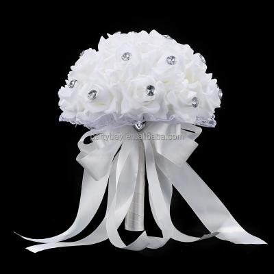 China PE Wedding Crystal Pearl Silk Roses Bridal Bridesmaid Wedding Hand Bouquet Artificial Flowers for sale