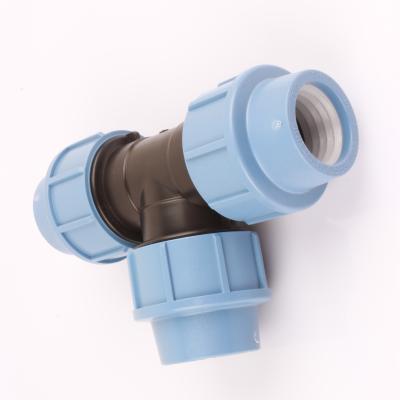 China Water Supply PP Tee Fit Plumber Blue And Light Blue Pipe Compression Fittings 20~110MM PP Fittings for sale