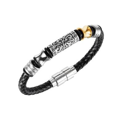 China Hip Hop Street Street Stainless Steel Bracelet Male Fashion Beads Hiphop Retro Woven Leather Men's Bracelet for sale