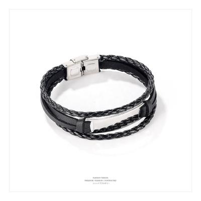 China Leather Adjustable Casual/Sporty Customization Silver Blank Logo Engraved Black Bracelet For Women And Men for sale