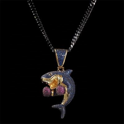 China By Hip-Hop European Excellent and American Hip-Hop Micro-Inlaid Zircon Diamond Jade Shark Boxing Pendant Necklace for sale