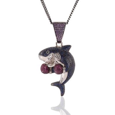 China By Hip-Hop European Excellent and American Hip-Hop Micro-Inlaid Zircon Diamond Jade Shark Boxing Pendant Necklace for sale