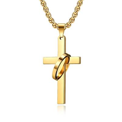 China New Religious Ring Cross Necklace Gold Plated Stainless Steel Religious Pendant High Polished Mens Popular Jewelry for sale