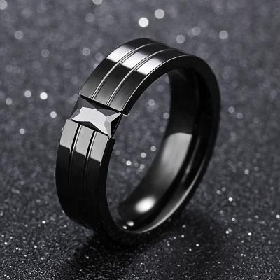 China 6mm TRENDY Titanium Fashion Stainless Steel Black Rings With Stone For Men Wedding Ring Jewelry for sale