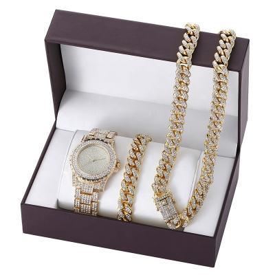 China Hiphop Full Hip Hop Diamond 3pcs Set Gift For Men And Women Watch Necklace And Bracelet Set Jewelry for sale