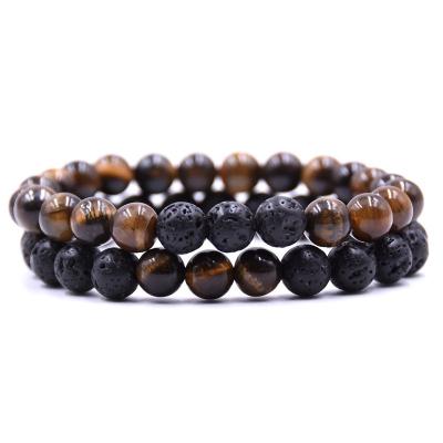 China Fashionable Natural 8mm Volcanic Stone Set Elastic Couples Beaded Bracelet for sale