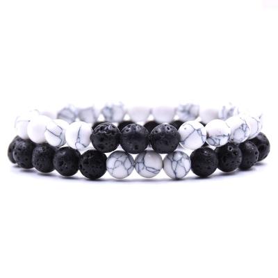 China Fashionable Natural 8mm Volcanic Stone Set Elastic Couples Beaded Bracelet for sale