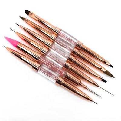 Китай Kolinsky Nail Art Liner Brushes 2021 Good Quality Acrylic Synthetic Nail Brush Dual Rose Gold Metal Handle 3D Finished Nail Art Brush Set продается