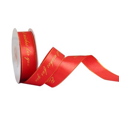 China Single face 3/4 inch 20mm gold edge satin ribbon with best wishes for you logo online shopping direct for sale