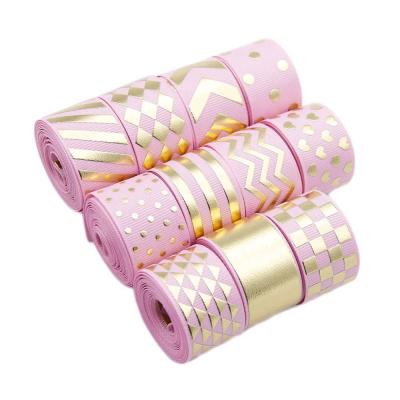 China Recyled Printed Plaid Ribbon Custom Gold Foil Logo 7/8 Inch Raised Grosgrain Ribbon 2 Color Printed Ribbon for sale