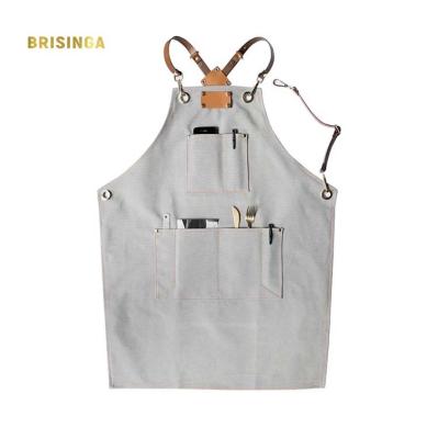 China Drink / Food Gray Canvas Apron Embroider Cafe Plastic Adjustable Apron With Leather Straps for sale