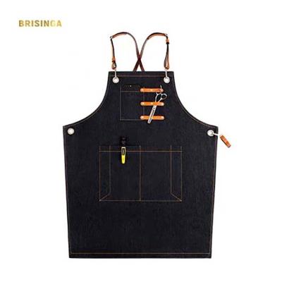 China Promotional Black Denim Customized Logo Cafe Kitchen Organic Cotton Aprons Drinks/Food Aprons With Pockets for sale