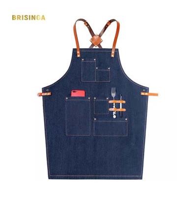 China Hot Sale Blue Black Drinks/Food Apron With Pockets Jeans Bartender Apron Leather Straps Full Length Bib Apron for sale