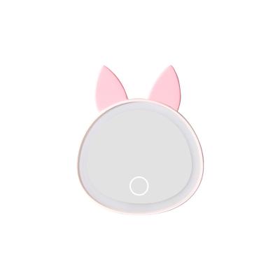 China Custom Lovely Rabbit Ears Tri Tone Light USB Rechargeable Rechargeable Customs Lead Compact Pocket Makeup Mirror With Logo for sale