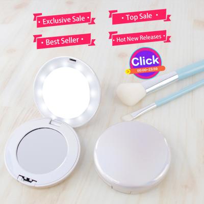 China 10% Lighted Off Event Specials Glitter Pocket Personalized Custom Round Mirror Plastic Double Sided Led Compact Makeup Mirror Wholesale for sale