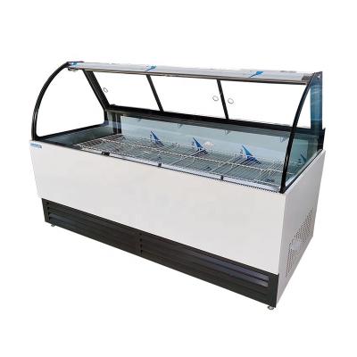 China Double Temperature Meat Food Showcase Commercial Refrigerator Freezer Curved Glass Sliding Door Display Cooler for sale