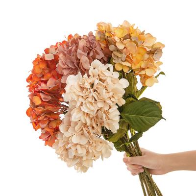 China Wholesale New Colorful Autumn Beautiful Color Artificial Flowers Dried Burnt Hydrangea Green Plants Wedding Decorations for sale