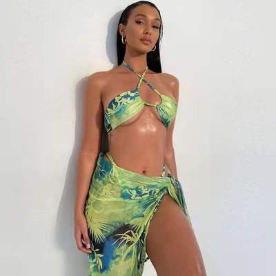 China New Women Anti-UV Stock 3Pieces Green Tie Dye Thong Swimwear Bikini Set for sale