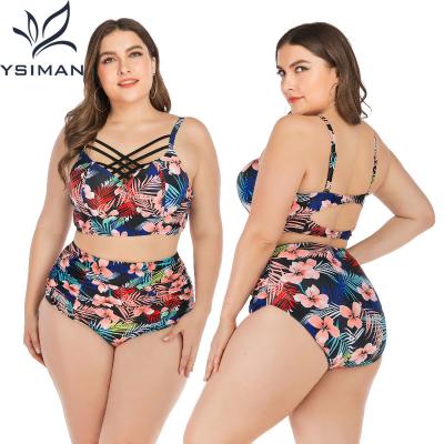 China Anti-UV women's floral bikini for big breasts two-piece swimsuit ladies plus size high waist swimwear women for sale