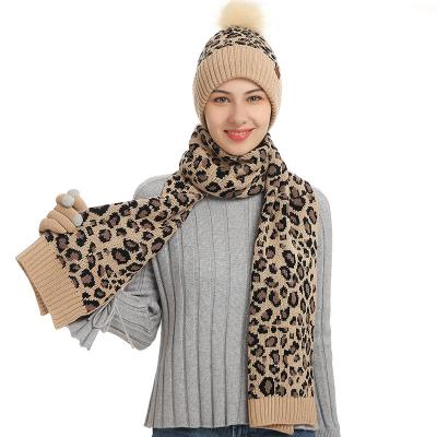 China Keep the warm American autumn and winter thickening and velvet three-piece leopard hat scarf glove warm woolen set for sale