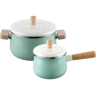 China Sustainable Enamel Cast Iron Casserole Pot Kookware Kitchen Cooking Pot Set 3.3L Enamel Casserole Cookware With Handle Wooden Ears 1.8 Milk Pot for sale