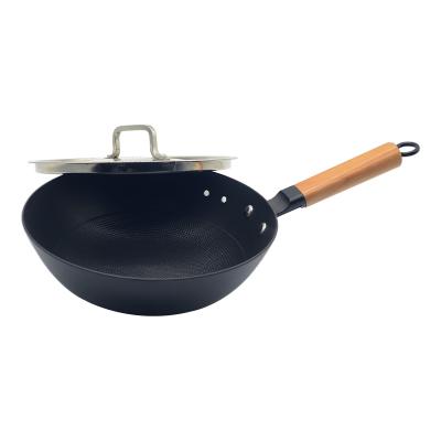 China Non-stick Honeycomb Cast Iron Wok Eco-friendly Sustainable With Wooden Handle S/S Lid Cover Frying Pan Wok for sale