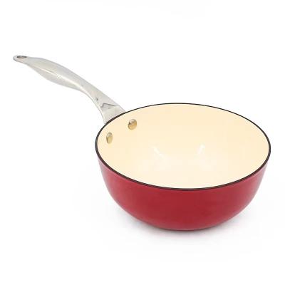 China Sustainable Manufacturing Red Enamel Cast Iron Pot With Stainless Handle Lightweight High Quality Milk Pot for sale