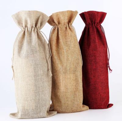 China Promotional Wholesale Jute Single Bottle Gift Bag Wine Bottle Bags Wine Tote Bag Hessian Burlap for sale