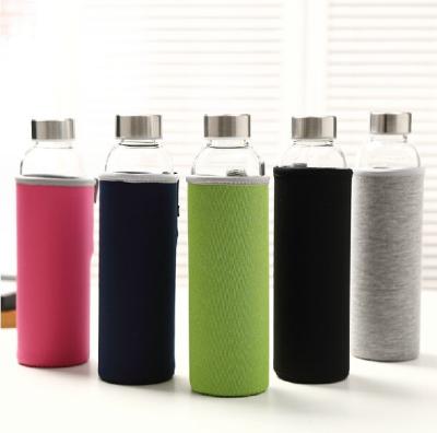 China Durable Custom Neoprene Sleeve Sport Insulated Borosilicate Glass Water Bottle Jar Lid Handle for sale