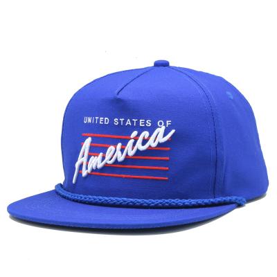 China JOINT Classic Blue 5 Panels Hats Customized 3D Embroidery Logo Nylon Rope Snapback Caps Hats for sale