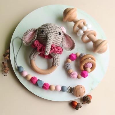 China Fast shipping musical soothing kitBaby Teether Baby teether toy baby hand crochet elephant organic rattle toy for sale