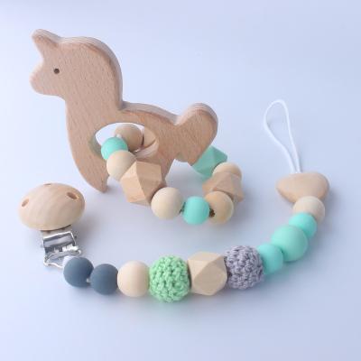 China 6-12 Months 2021 Hot Sale 2022 Beech Wood Toy Baby Teether Silicone Cute Chain Infant Pacifier Cup Durable Holder Cup Unicorn Soft Silicone for sale