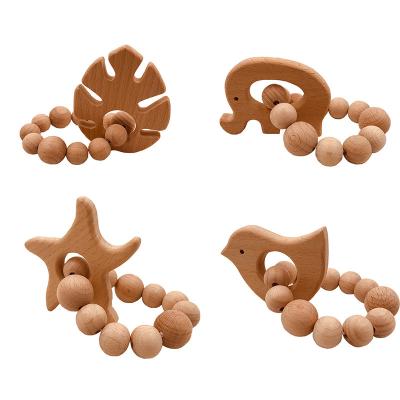 China Toy Baby Organic Beech Wood Soft Teether/Food Grade Beech Wood Molar Rattle Pacifier Chain Natural Wooden Animal Molar Teething Chain for sale