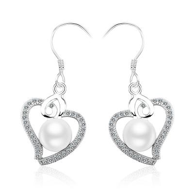 China Hand Made Sterling Silver Earring Drop Earrings Pave CZ With Round Natural Pearl Heart Shape for sale