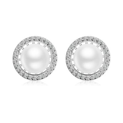 China Zircon Surround Sterling Silver Pearl Stud Earrings For Custom Fashion Jewelry for sale